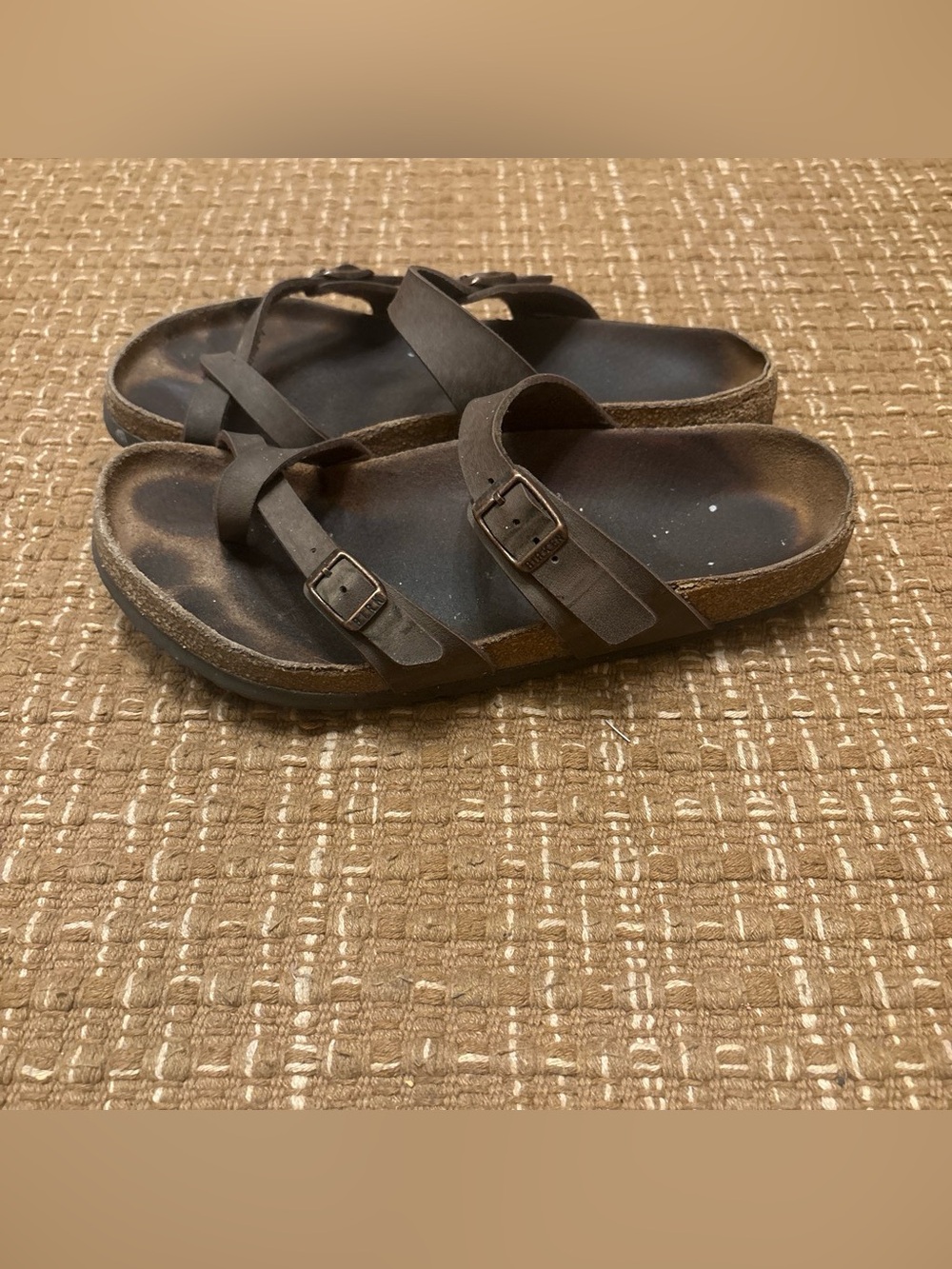 Birkenstock Dark Brown Two-Strap Buckle Slide Sandals